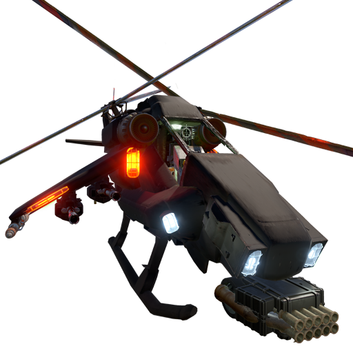 An AH-69G with its running lights on flying above the DeepSea island.