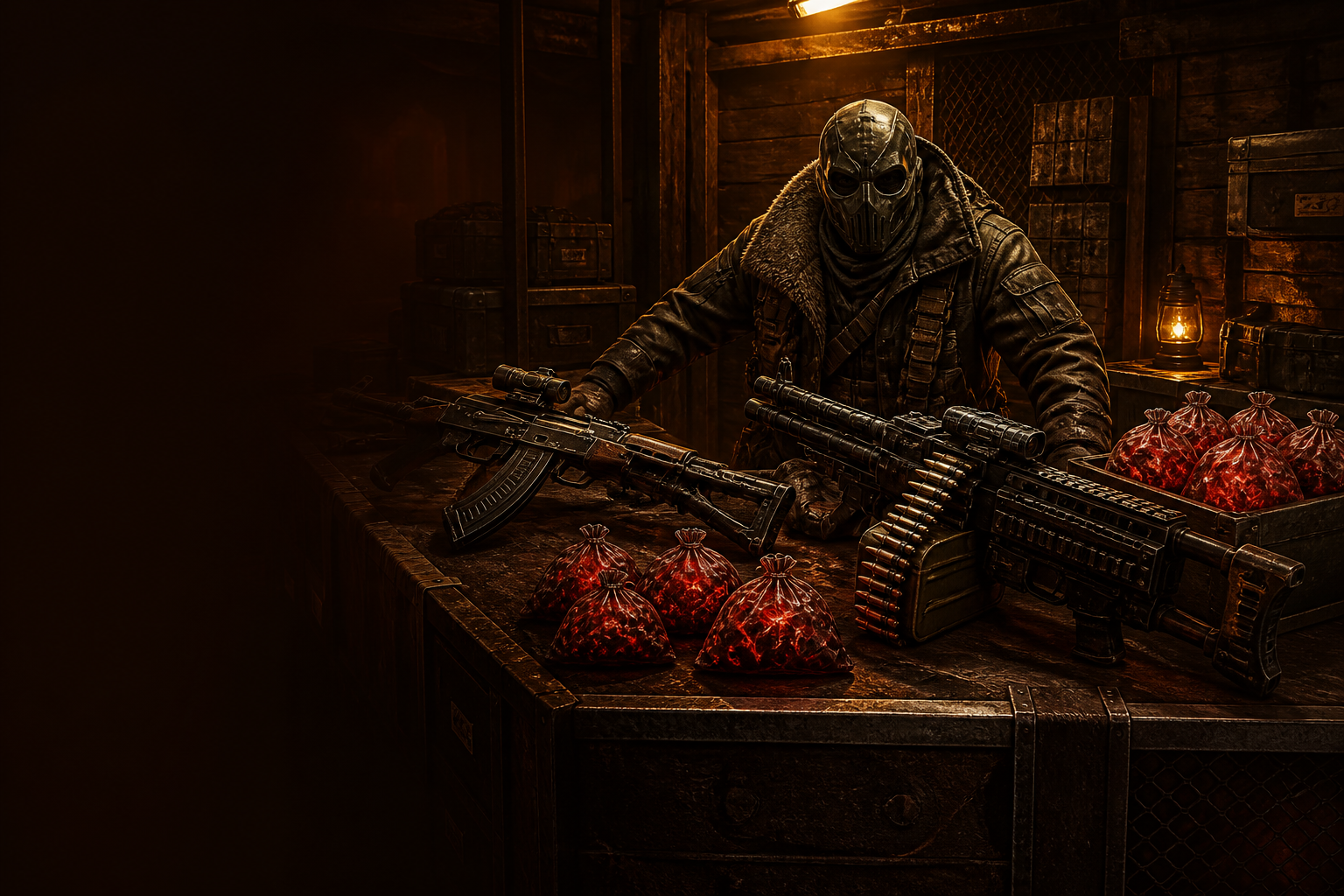 A masked Outpost weapons dealer presenting an upgraded rifle and heavy machine gun beside bags of Blood.