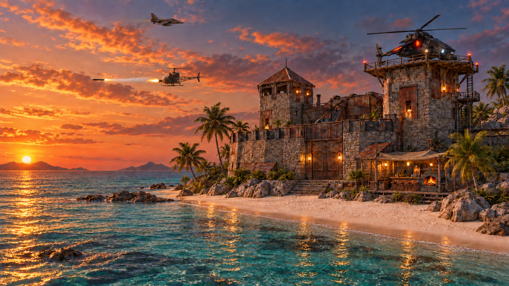 A Rust-built coastal castle at sunset with a distant jet, a rocket-firing minicopter, a beach bar, glowing fireplace, and a Karuza AH on its heli tower.